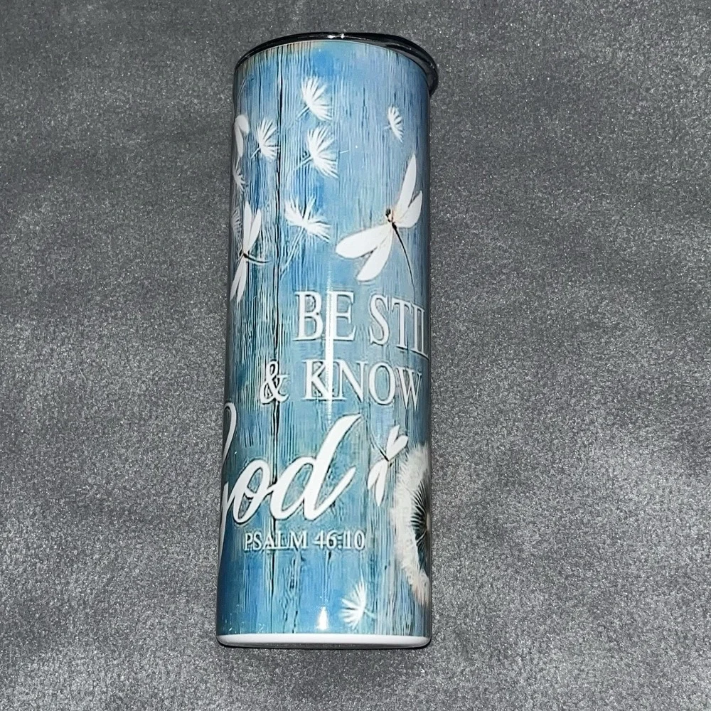 Be Still & Know Blue Wood Dragonflies/Dandelions 20 oz Insulated Skinny‎ Tumbler